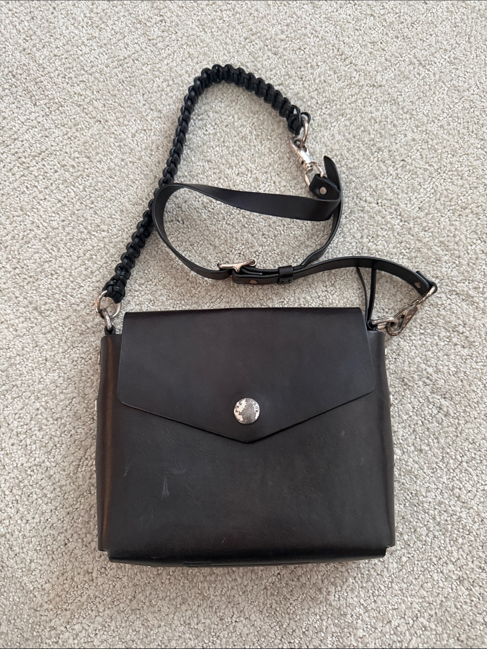 rag & bone Black Leather Crossbody with Chain-Detail Strap